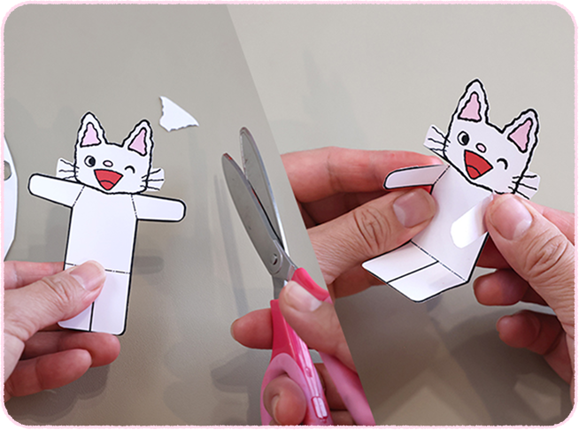 ノンタンの型紙をプリントし、パーツをハサミで切りぬく。ノンタンといすは折り線を谷折りにする。