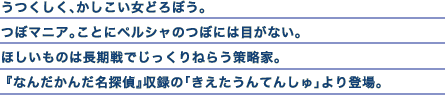 うつくしく、かしこい女どろぼう。つぼマニア。ことにペルシャのつぼには目がない。ほしいものは長期戦でじっくりねらう策略家。『なんだかんだ名探偵』収録の「きえたうんてんしゅ」より登場。